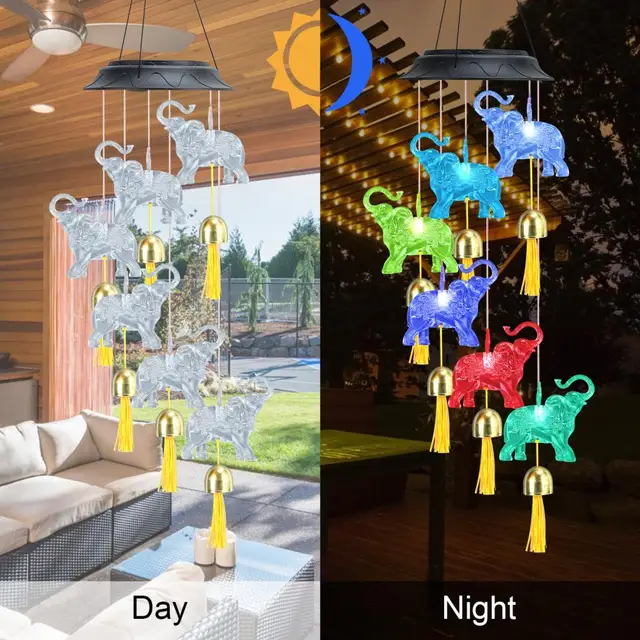Solar Elephant Wind Chiend Vízálló Led Színváltó Mobil Fény Kültéri Dekoráció A Kerti Terasz Udvarához - Image 4