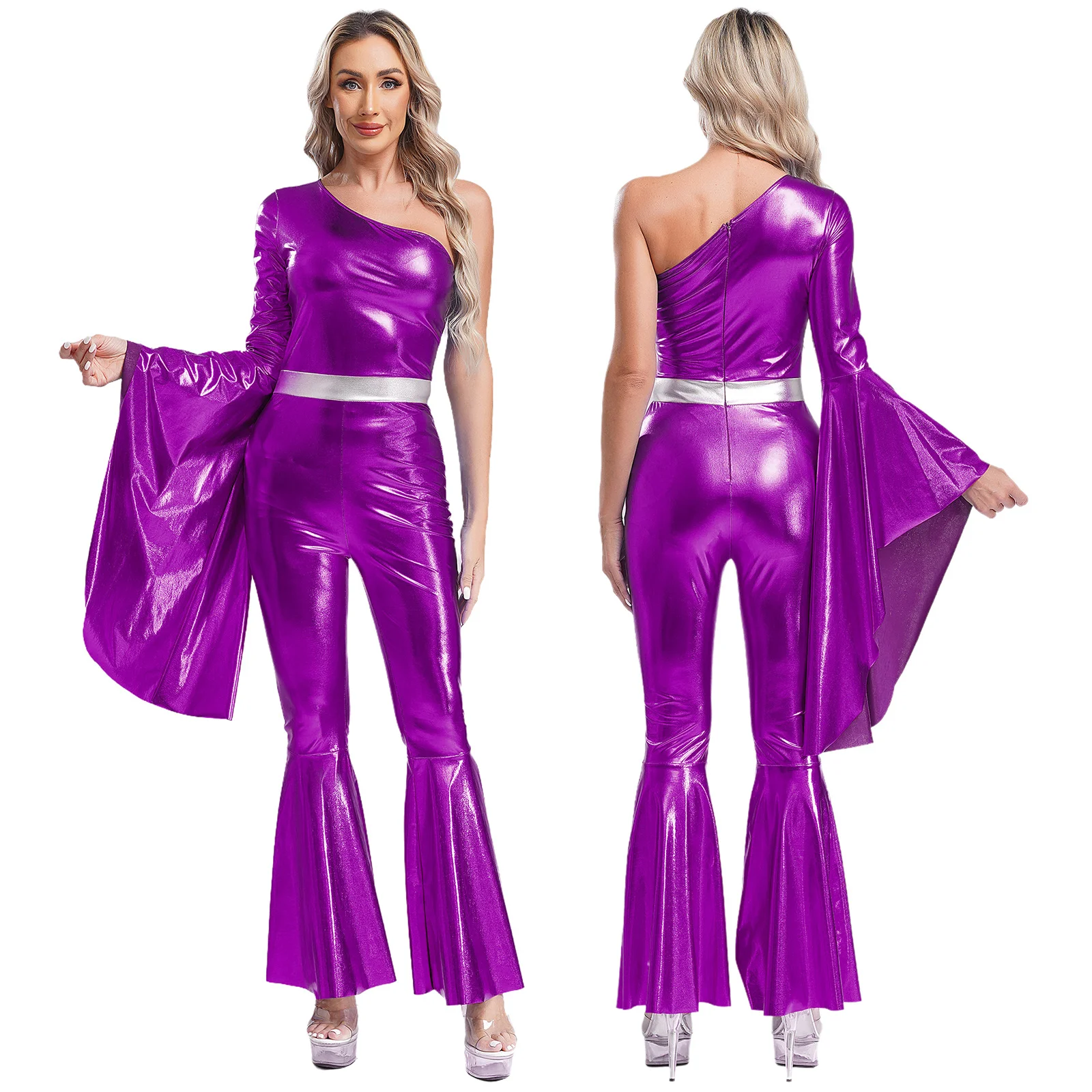 Women Metallic Shiny 70s 80s Hippie Costume Jazz Disco Dance Jumpsuit Sequin Tassels One Shoulder Bell Bottom Bodysuit Rompers