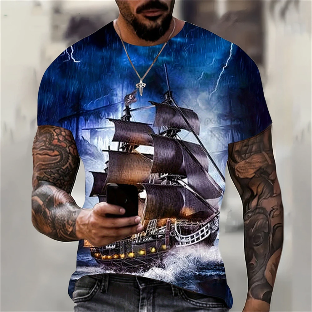 Mens Short Sleeve Pirate Ship 3D Print T Shirt