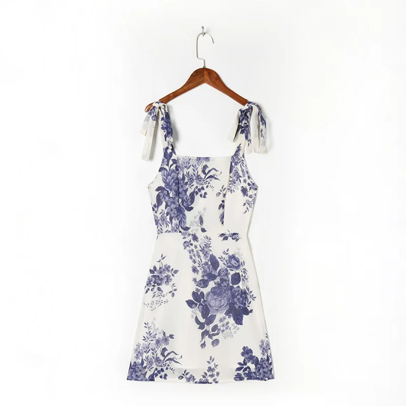 

Summer New Women's Fashion European and American Style High Waist Slim Flower Print Lace up Mini Dress Women's
