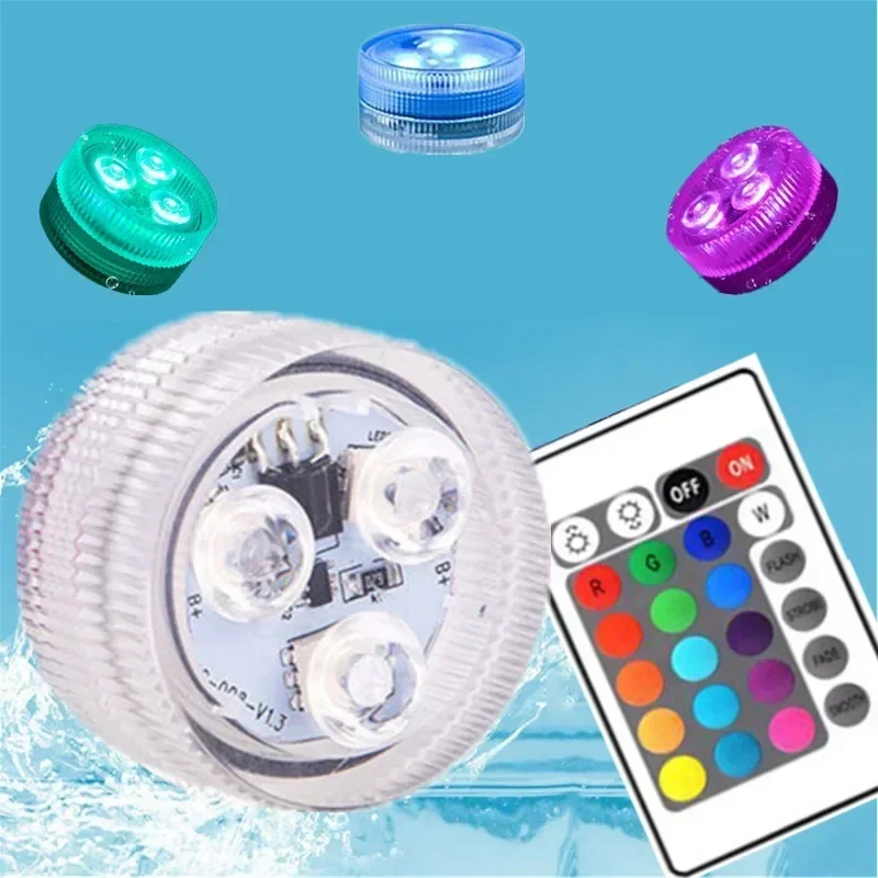 Luce subacquea colorata a 3 LED con telecomando alimentata da batteria a bottone, impermeabile, per decorazioni per feste in piscina