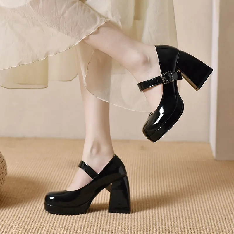 

Женские кожаные туфли на высоком каблуке, весна-осень 2023, в стиле ретро, Туфли Мэри Джейн на толстом каблуке, с круглым носком, без застежки