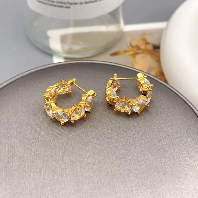 

Korean Retro Ins Style Zircon Heart Shape Geometric Ear Buckle Luxury Temperament Earrings For Women Plating 18k Gold Earrings