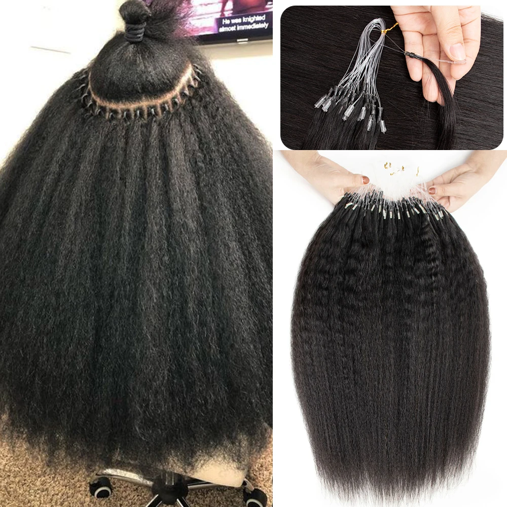 Human Hair Extensions Isheeny Micro Loop Kinky Straight Human Hair Extensions 12"-26" Brazilian Coarse Micro Ring Real Human