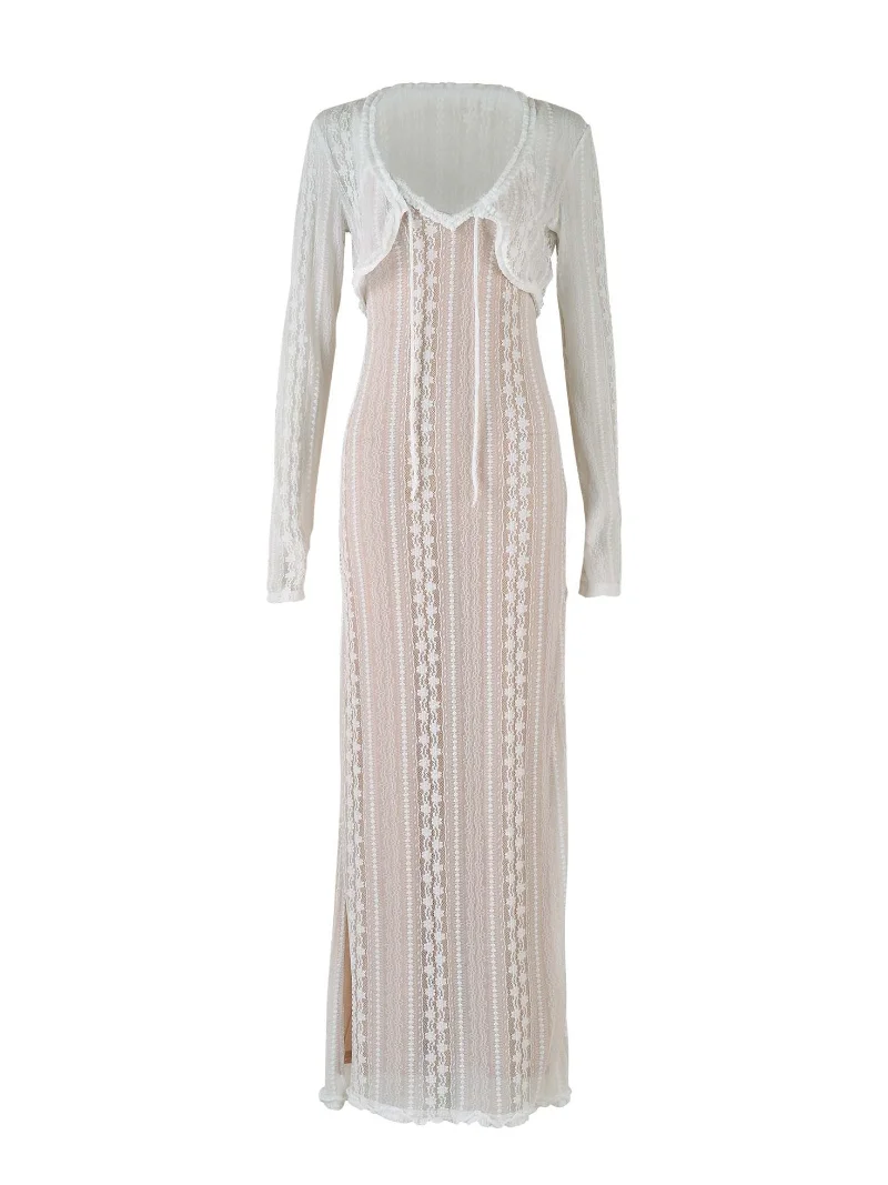 Vestido largo elegante con escote en V y mangas largas para mujer, vestido de fiesta de noche con aberturas, vestido halter de moda de verano 2025