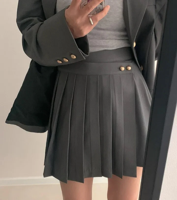 Korean Chic Two-piece Skirt Set Women Single Breasted Blazer Loose Jacket Solid Pleated Mini Skirt Autumn Office Lady Outfits