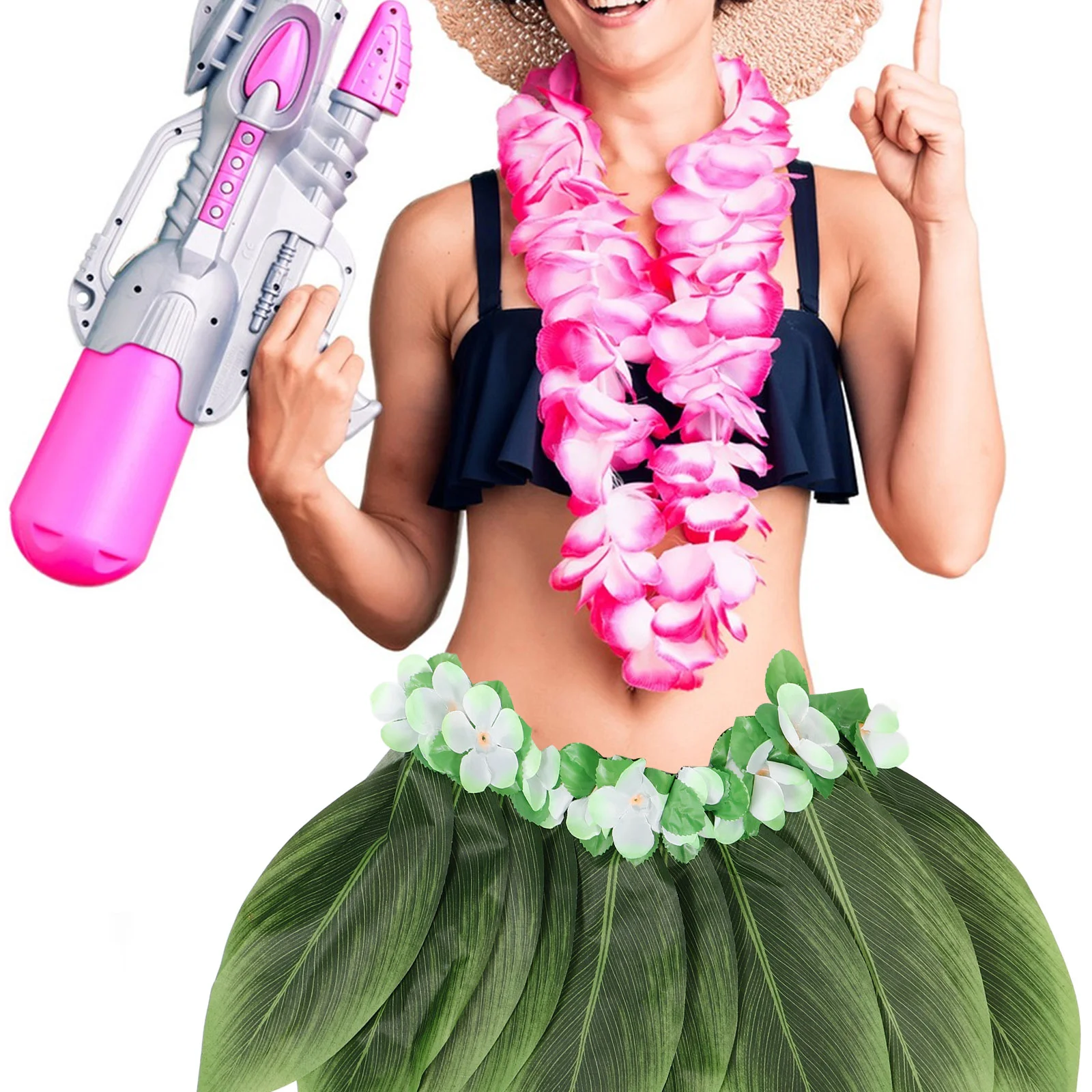 Hula Skirt Hawaiian Leaf Skirt Green Grass with Artificial Flowers for Beach Luau Party Supplies
