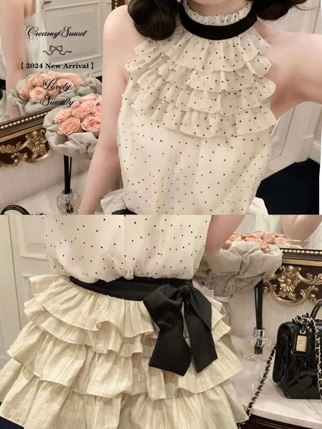 Y2K Polka Dot Two-piece Set Women Chiffon Halter Sleeveless Top Ruffles A-line Cake Mini Skirt Summer New Korean Fashion Outfits