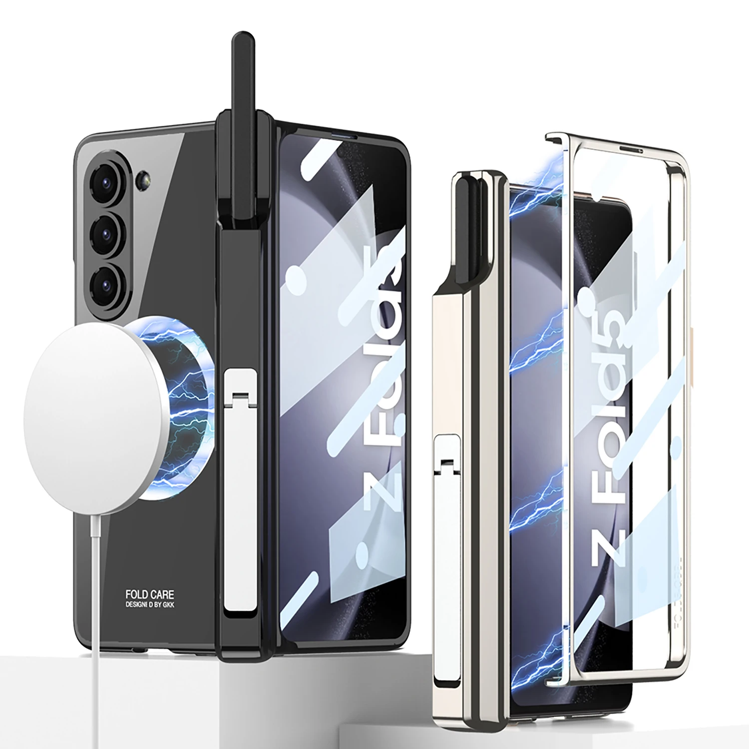 For Samsung Galaxy Z Fold 5 Magsafe Case Wireless Charging Electroplated Transparent Magnetic Hinge Pen Holder Kickstand Cover