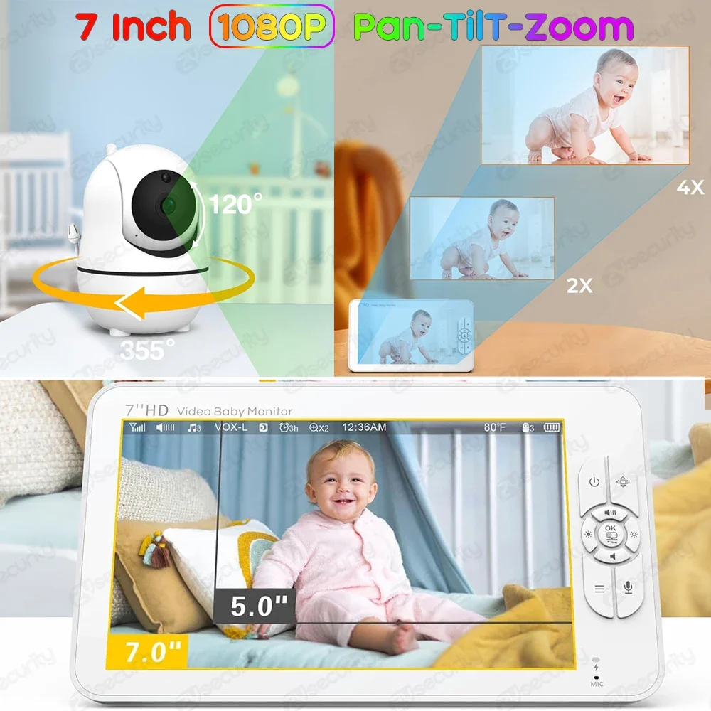 새로운 1080p 7 인치 2 대의 카메라가있는 전자 베이비 모니터 분할 화면 베이비 폰 팬 틸트-Zoom 보모 카메라 양방향 인터콤 자동 야간 비전 (940nm 보이지 않는 IR) 비디오 베이비 시터 Wi