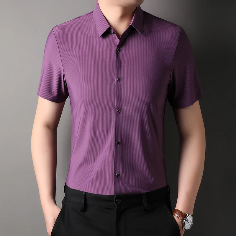 

Violet Purple Gentleman Soft Smooth Stretch Clothes For Mens Pinstriped Business Social Gents Casual Shirts Big Size Blouse Slim