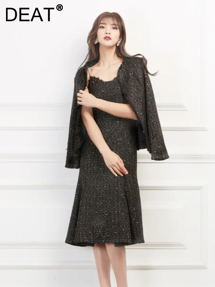 

DEAT Women's O-neck Long Sleeve Tweed Patchwork Sequins Coat Camisole High Waist Elegant Fashion Dress Autumn 2023 New 13DB3690