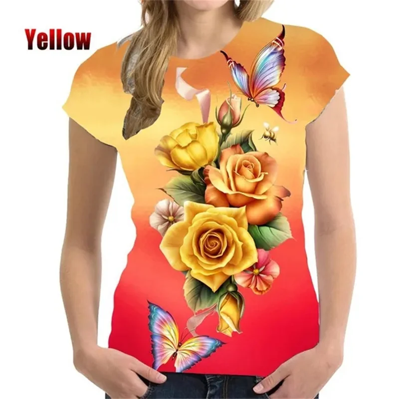 Roses Flower T Shirt Women 3D Floral Blossom Printed T-shirt