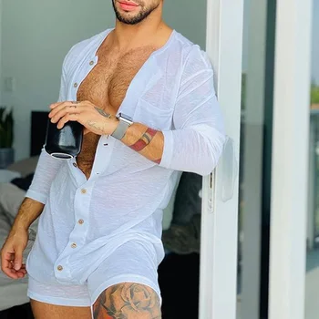 New Men Sexy Pajamas Jumpsuit Solid Color Tight O Neck Long Sleeve T Shirt and Shorts One-piece Button-down Breathable Home Wear