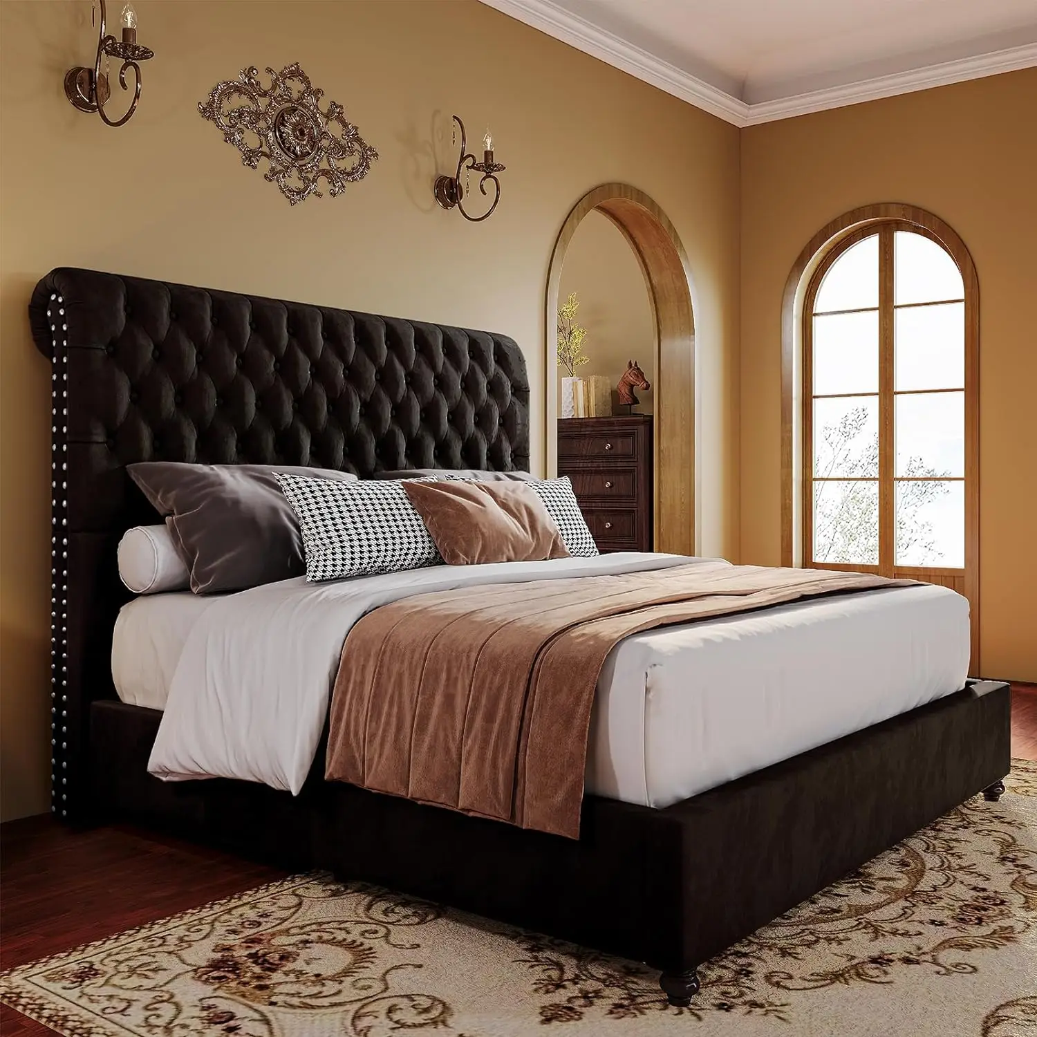 

Bed Frame and Headboard Upholstered Bed Frame King with 52.8” Tall Headboard/Easy Assembly Bed Furniture