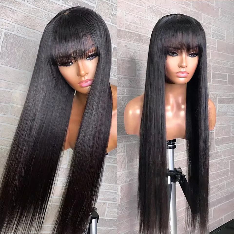 Human Hair Wigs For Black Women Straight With Bangs 180 Density