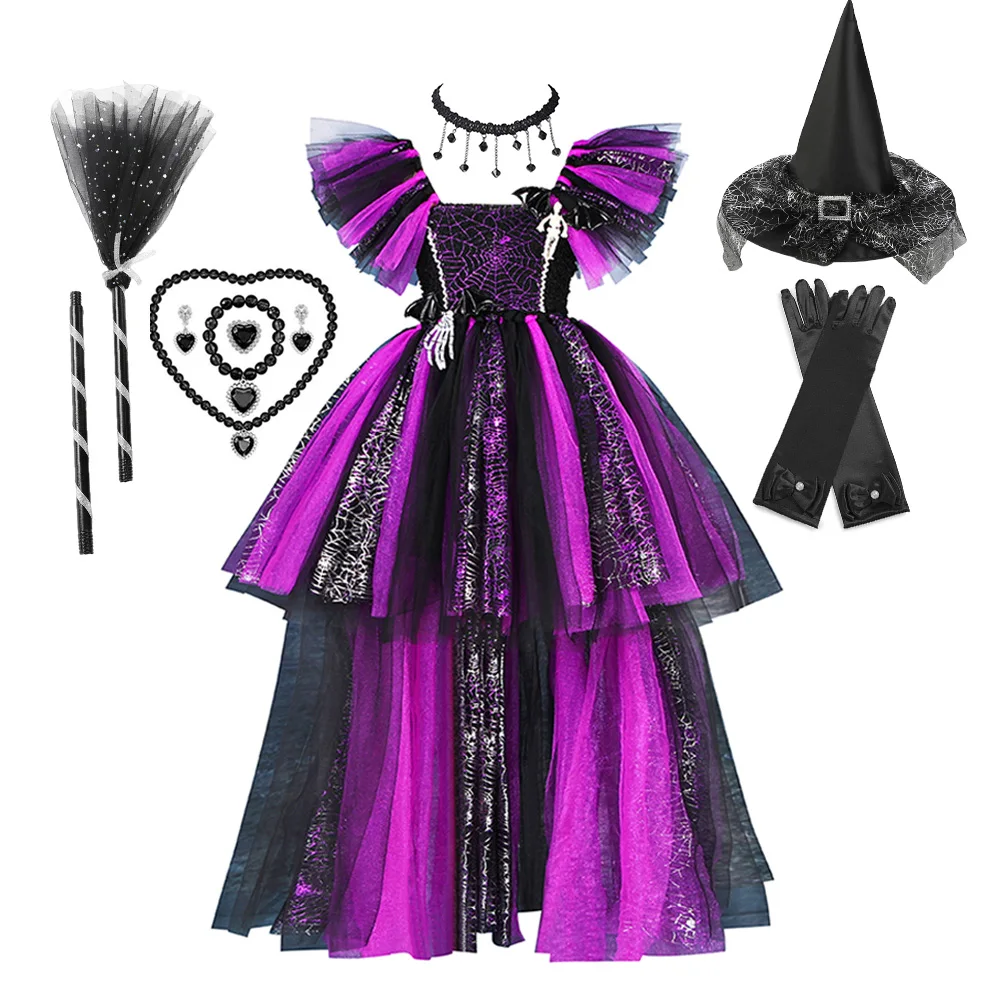 

New Design Halloween Witch Costume For Kids Girl High Low Puffy Dress Children Dress Up Party Vestido Skull Fancy Carnival Dress