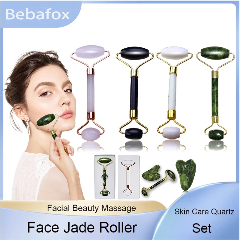 Facial Beauty Massage Skin Care 100% Quartz Stone Natural Face Jade Roller Set Cooling Eye Gua Sha Tool For Face Jade Vulcanic