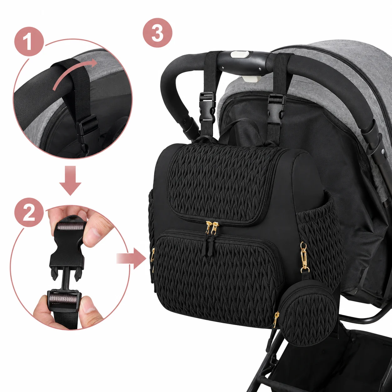 Zaino Fasciatoio per Passeggino con 4 Tasche Termiche per Biberon, Materassino Cambio e Ampia Borsa da Viaggio per Neonati, per Mamma e Papà - immagine 3
