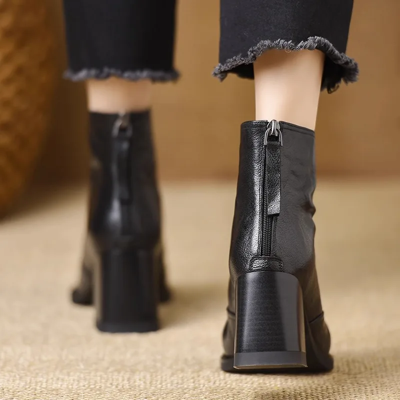 Women Ankle Boots  Square Toe PU Leather High-heeled Boots Fashion Retro Zipper Square Heel Short Boots Botas Mujer
