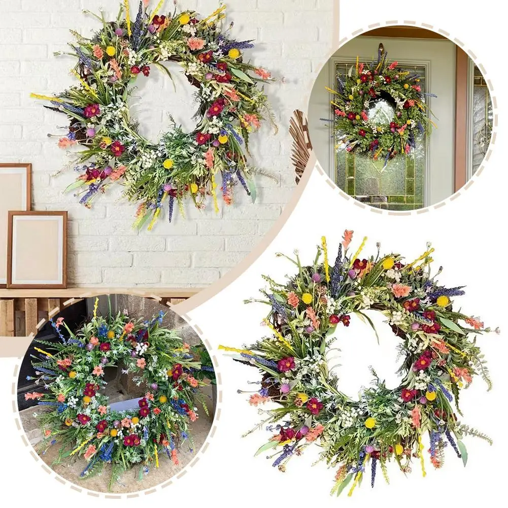 

Spring Colorful Wreath Mixed Flower Wreaths 35cm Wildflower Garland Door Wreaths For Front Door Outside Wall Window Decor S1e5