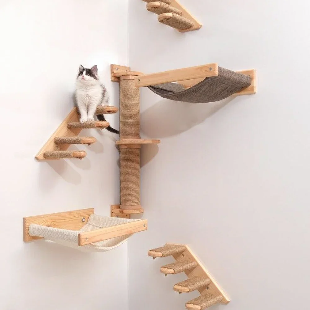 Wall-Mounted Wooden Cat Climbing Tree with Hammock & Scratching Post 2