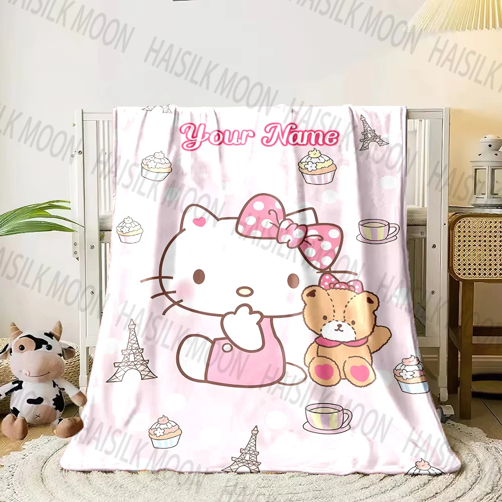 (Memo U Name) 1PC Hello Kitty Printed Blanket Can Be Custom with Name, Soft and Warm, Suitable for Home, Office, Camping,Car