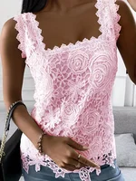 Women Lace Square Neck Vest Summer Loose Sweet Style Tank Tops Elegant Camis Tees Female Casual Commuter Sleeveless T-Shirt 2024 - Image 2