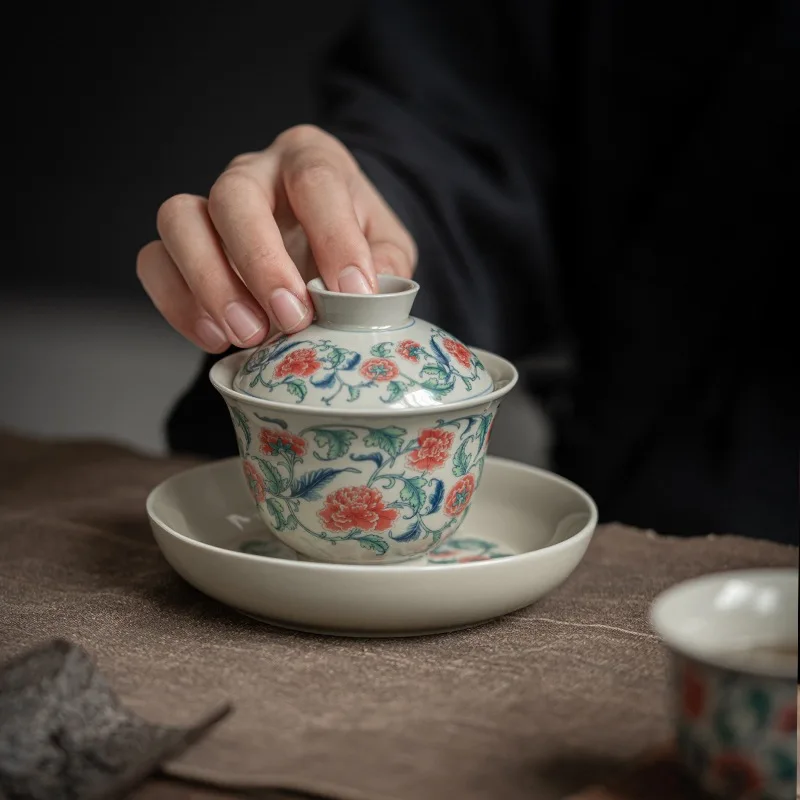 Retro Blue and White Tea Tureen Teacup Ceramic Kung Fu Tea Set Single Pot Bearing Large Three-talent Cup Bowl Gift Box