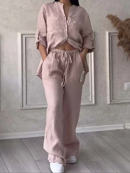 Rafiah Women's Sets Summer Fashion Comfortable 2025 Plain Loose Fit Shirt Collar Long Sleeve Top Maxi Pants Casual Sets 1