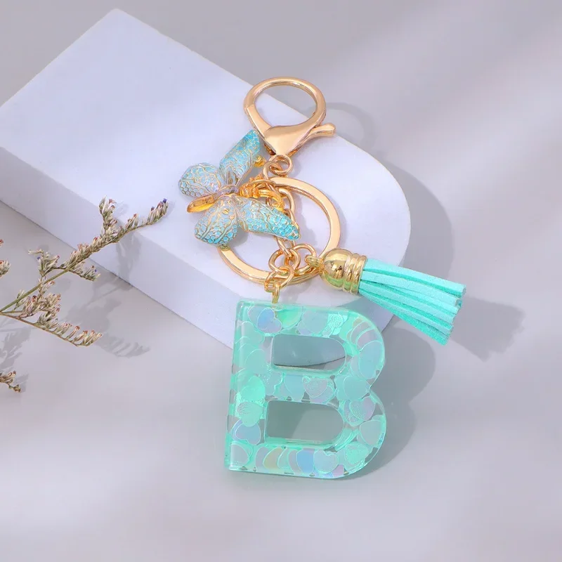 Glitter Letter A To M Keychain Fashion Green Heart Alphabet Butterfly Tassel Pendant Bag Keyring Women Gift Accessories
