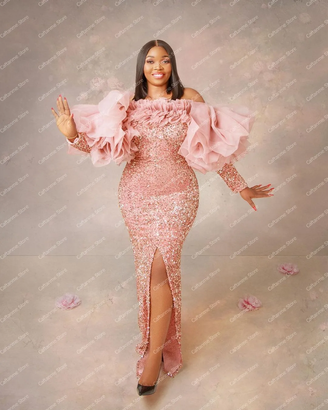 Stunning Pink Sequin Prom Dresses Long Puffy Sleeves With Slit   Mermaid Plus Size Aso Ebi Long Evening Gowns Custom Made