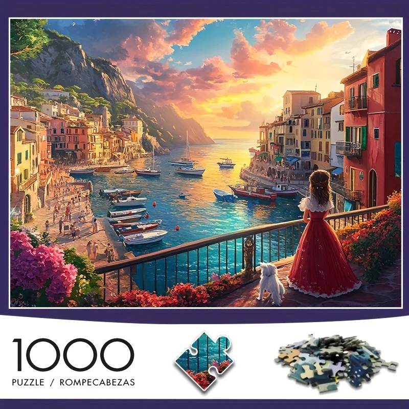 A Box of (1000pcs) Adult Mini Puzzles with Port And Woman Design - Scratch-Resistant, High Difficulty, Suitable for Adults, Fa