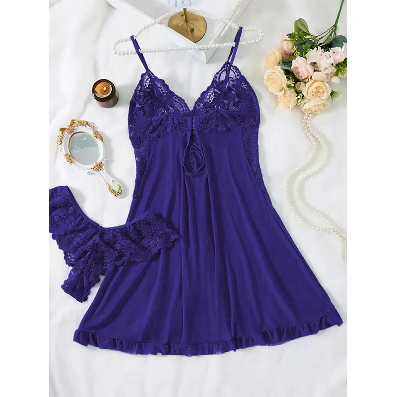 Summer Hot Sexy Sleepwear Dress Sleeveless Backless Women Lace Sheer Nightdress Solid Color Soft Pajamas Short V-neck Thong Set