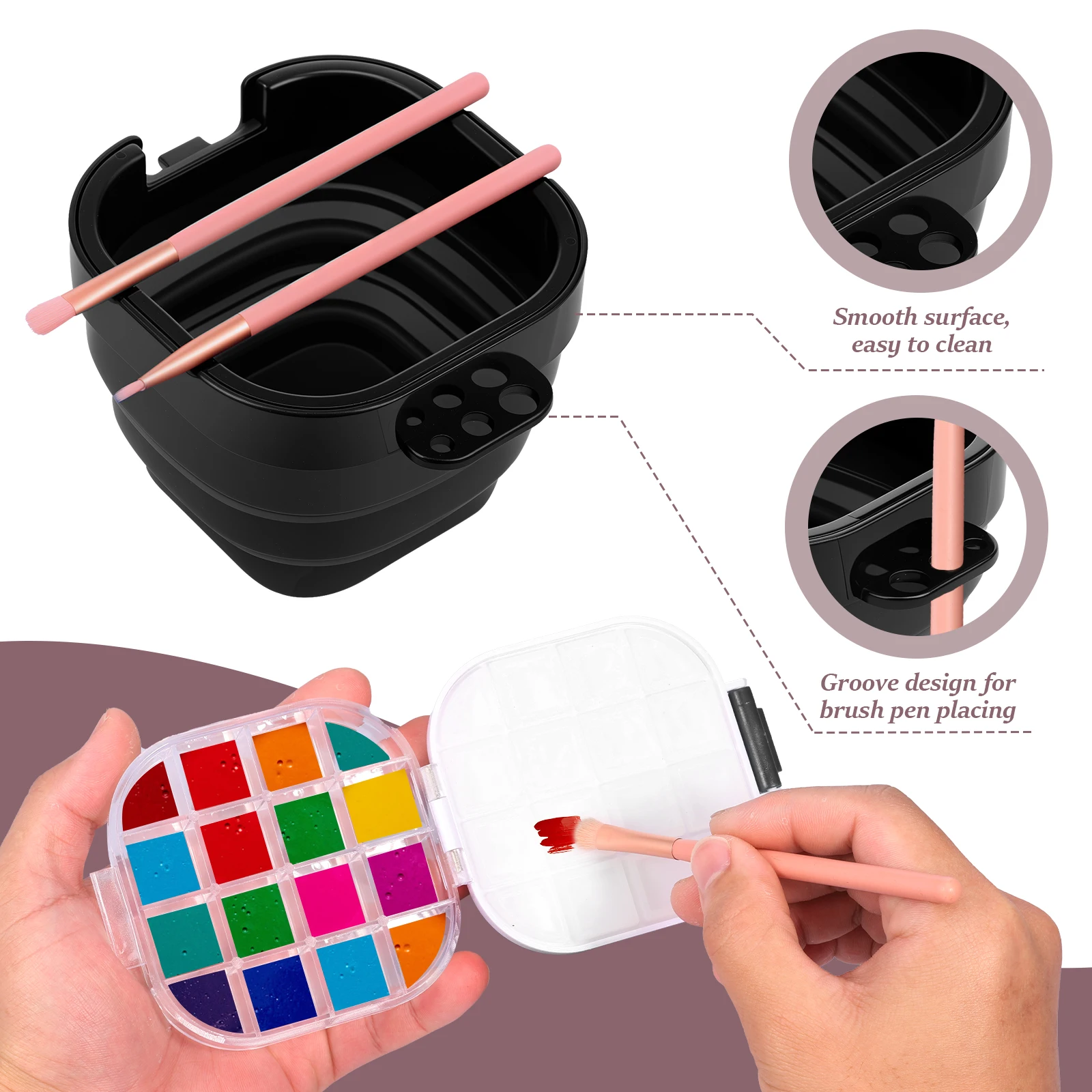 Airtight Paint Palette with Lid 16 Wells Travel Paint Palette Box with Folding Paint Brush Washing Bucket Multifunctional 4