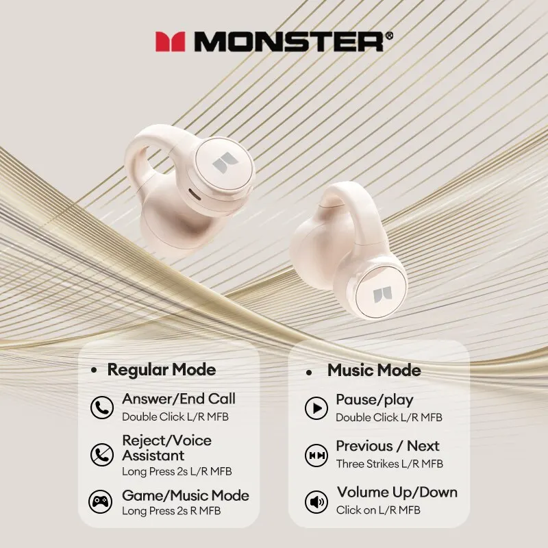Monster XKT21 무선 블루투스 이어폰 이어 클립 이어버드, 음악 게임 저지연 헤드셋, 터치 컨트롤, 마이크 헤드폰 포함