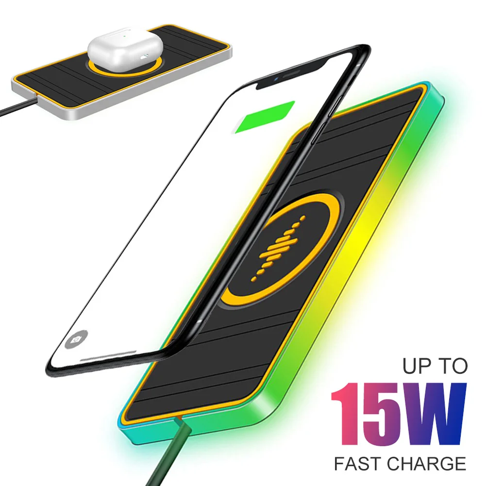 

Car Wireless Charger 15W Fast Charging Pad Anti-skid Mat Holder With LED Atmosphere Light For IPhone 13 12 Samsung