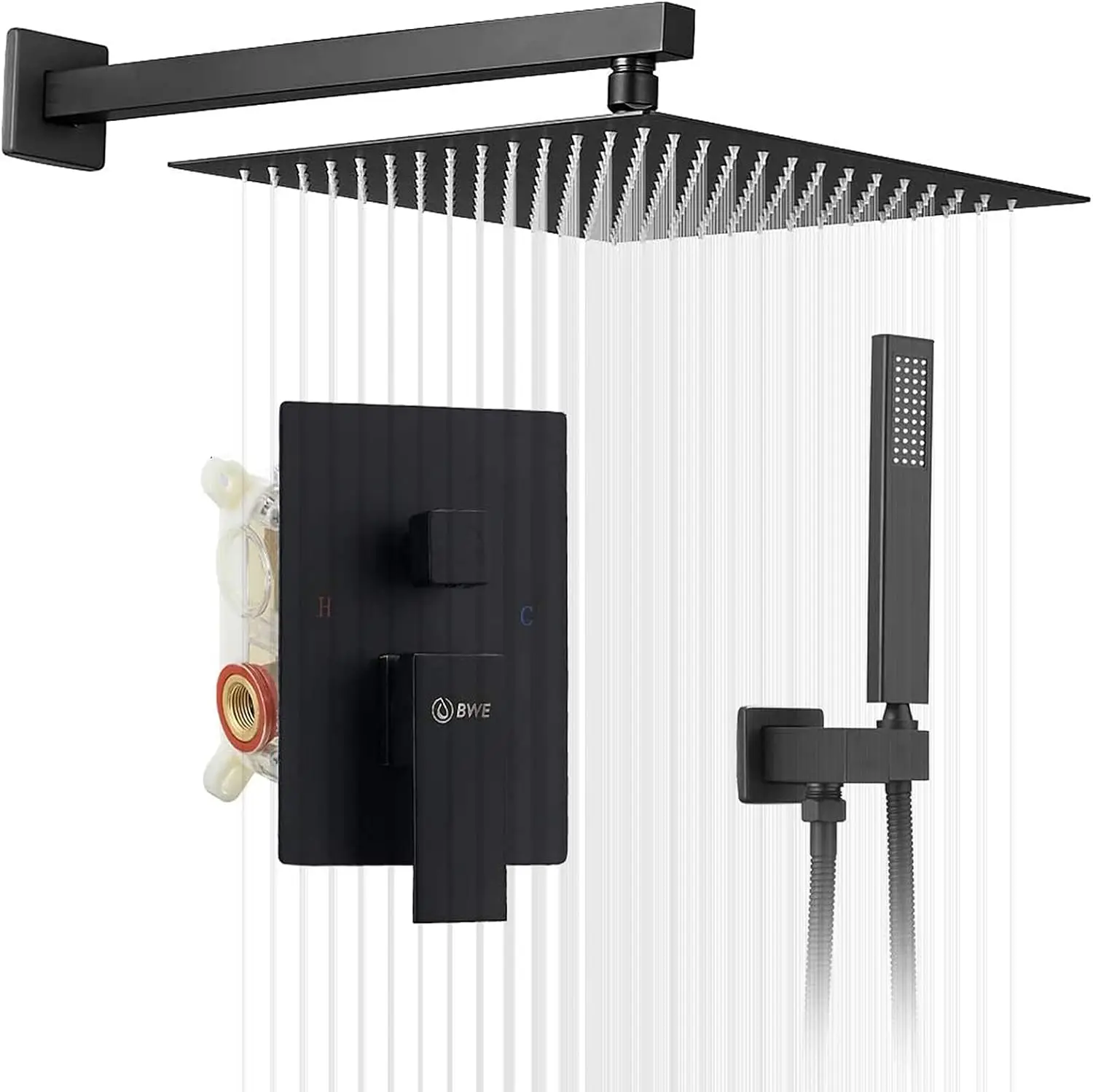 Black Shower Faucet 16 Inch Square Luxury Rain Mixer Shower System Sets Complete 2-Functions Pressure Balancing Wall Mount