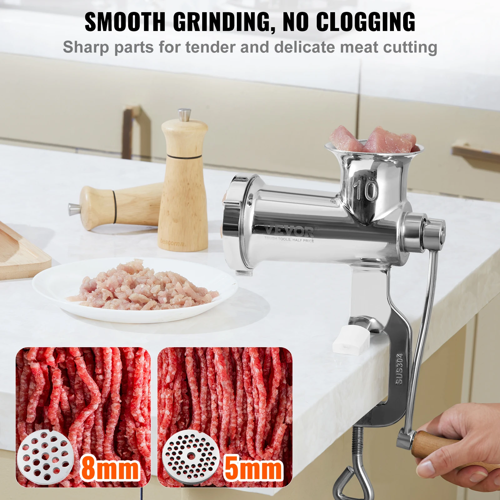 VEVOR Manual Meat Grinder 304 Stainless Steel Hand Meat Grinder with Steel Table Clamp Meat Mincer Sausage Maker 3