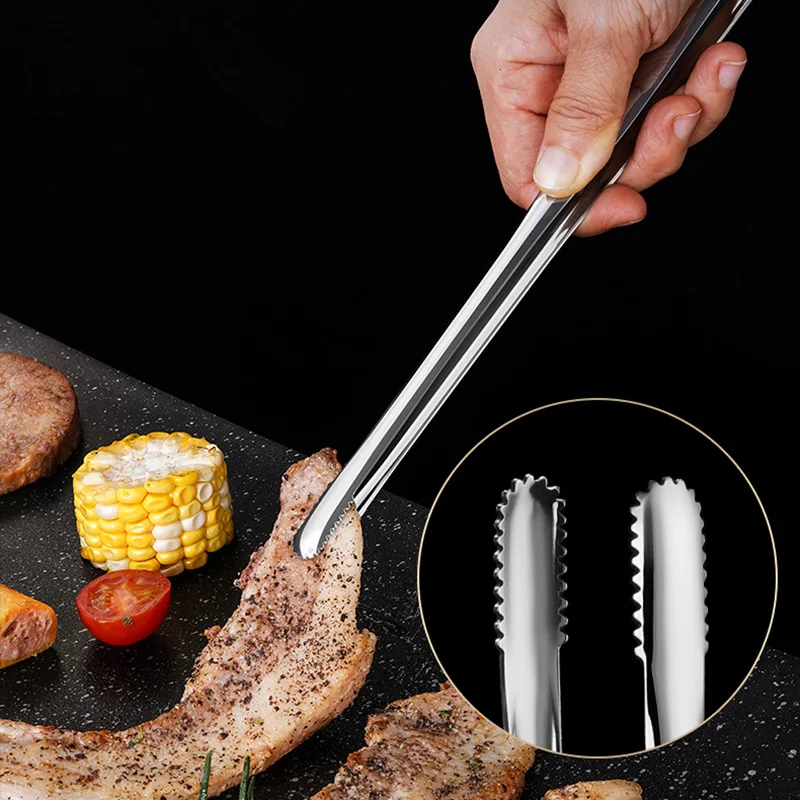 Stainless Steel Grilling Tongs Long Handle Professional Grilling Accessories Steak Clamp Food Tongs Cooking Service Silver