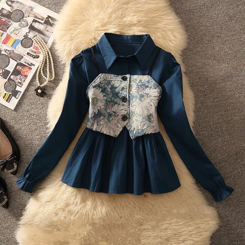 

2023 Autumn New Women's Two Piece Set Tops Retro Tie-dye Camisole Solid Turn Down Collar Short Shirts Female Elegant Streetwear