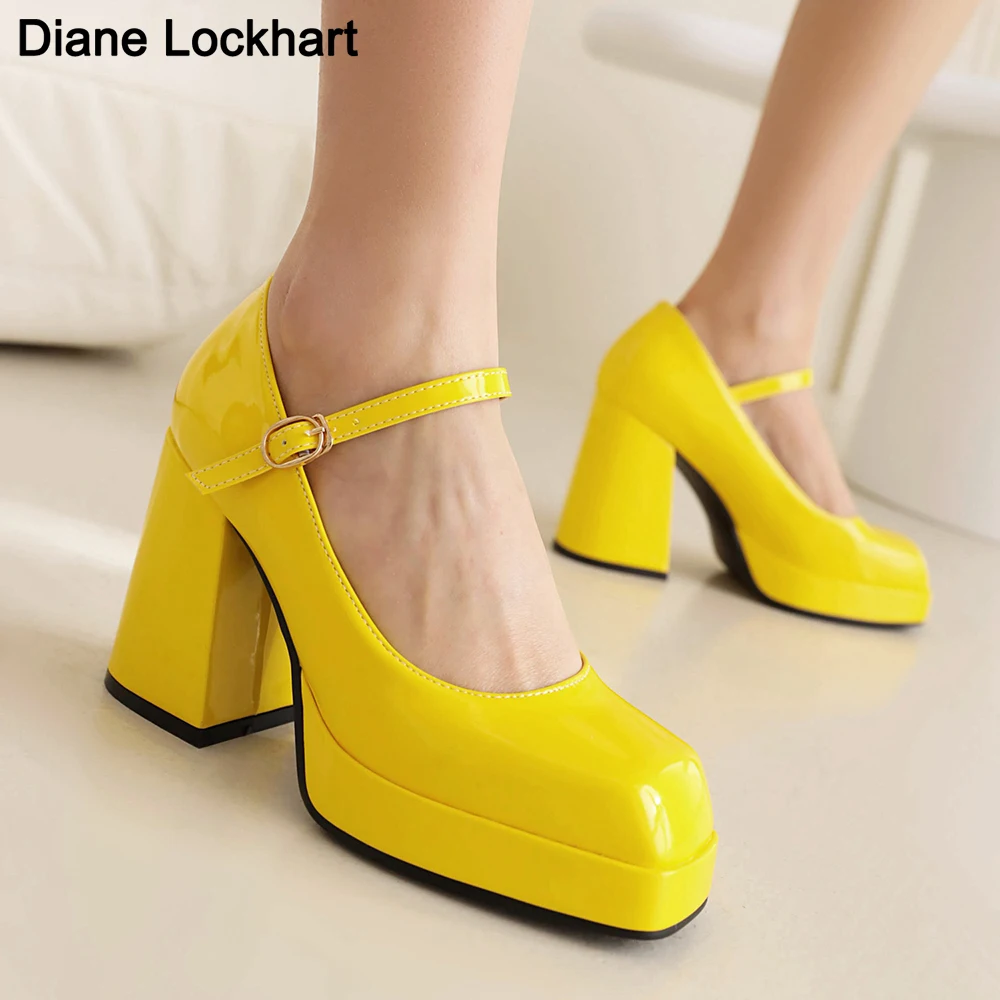 

Fashion Ankle Strap Platform Pumps Women Pu Leather Square Toe Mary Jane Shoes Woman Goth Thick High Heels Shoes Ladies Yellow