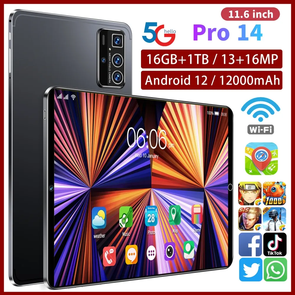 

2023 New Original Global Version Pro 14 Tablet Android 12.0 13+16MP 12000mAh 11.6 Inch Tablets 4G/5G Dual SIM Card Wifi HD Scree