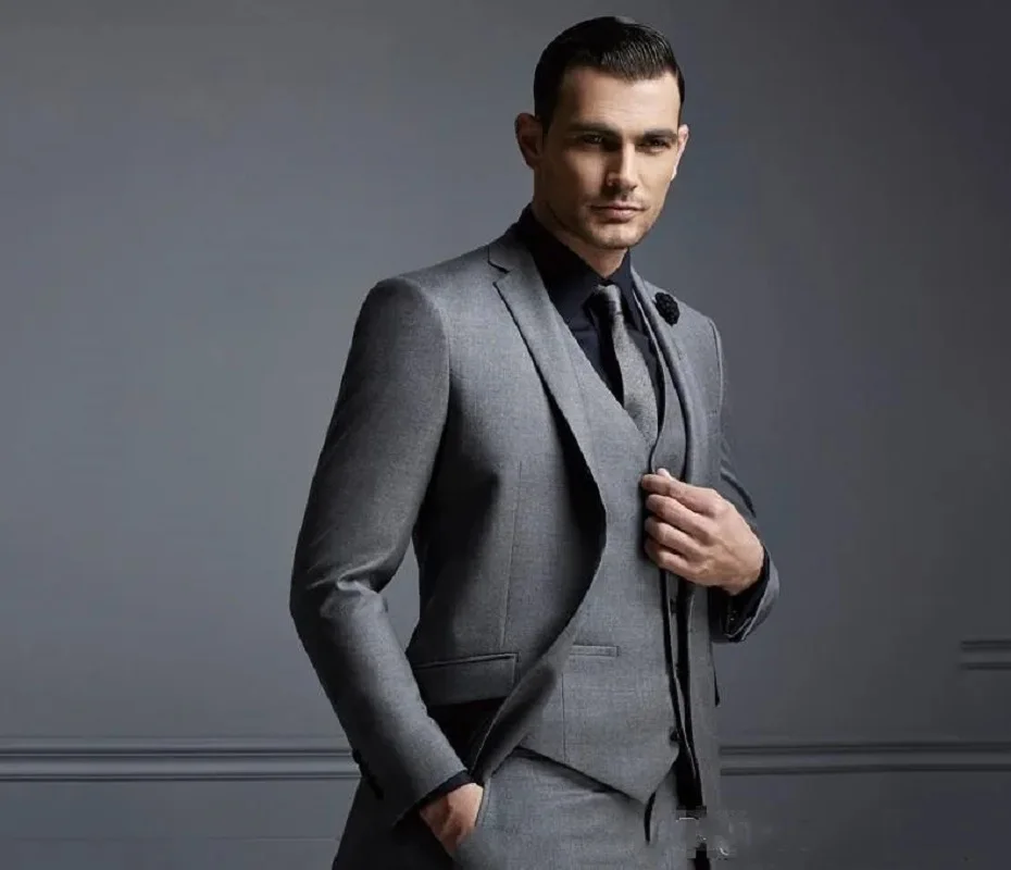 New Grey Men Suit Groom Suit Cheap Formal Man Suits For Wedding Best Men Slim Fit Groom Tuxedos For Man(Jacket+Vest+Pants)
