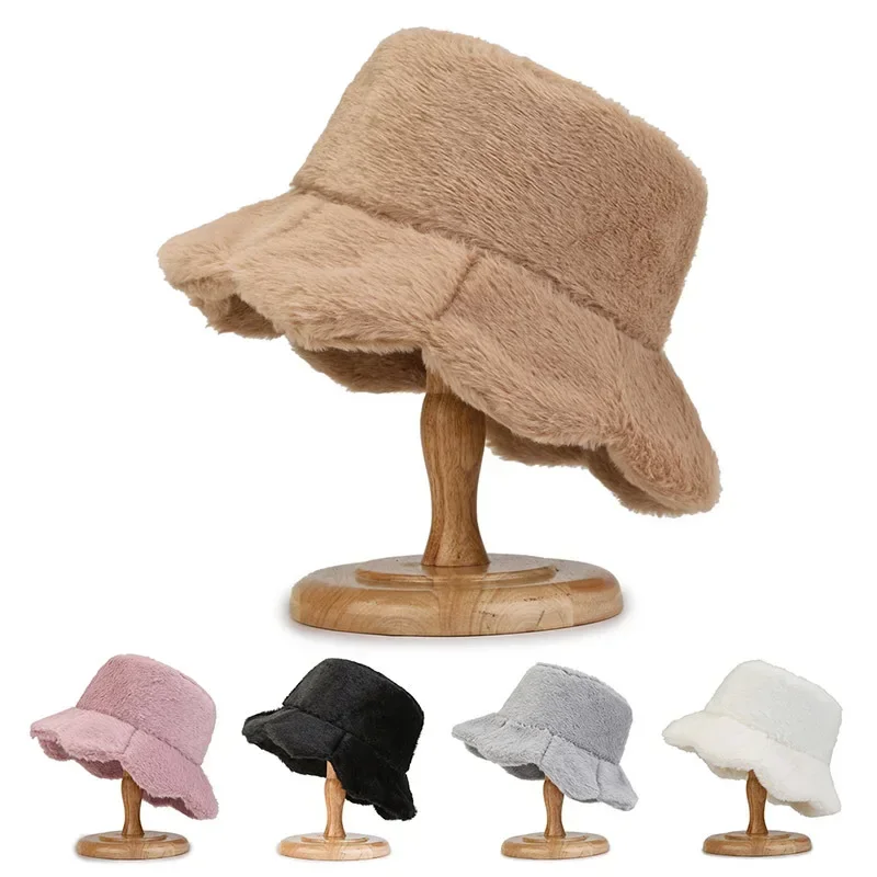 

Women Bucket Hat Winter Suede Warm Thicken Fishman Hats Lamb Wool Plush Female Cap Fashion Fleece Panama Caps for Ladies Gifts