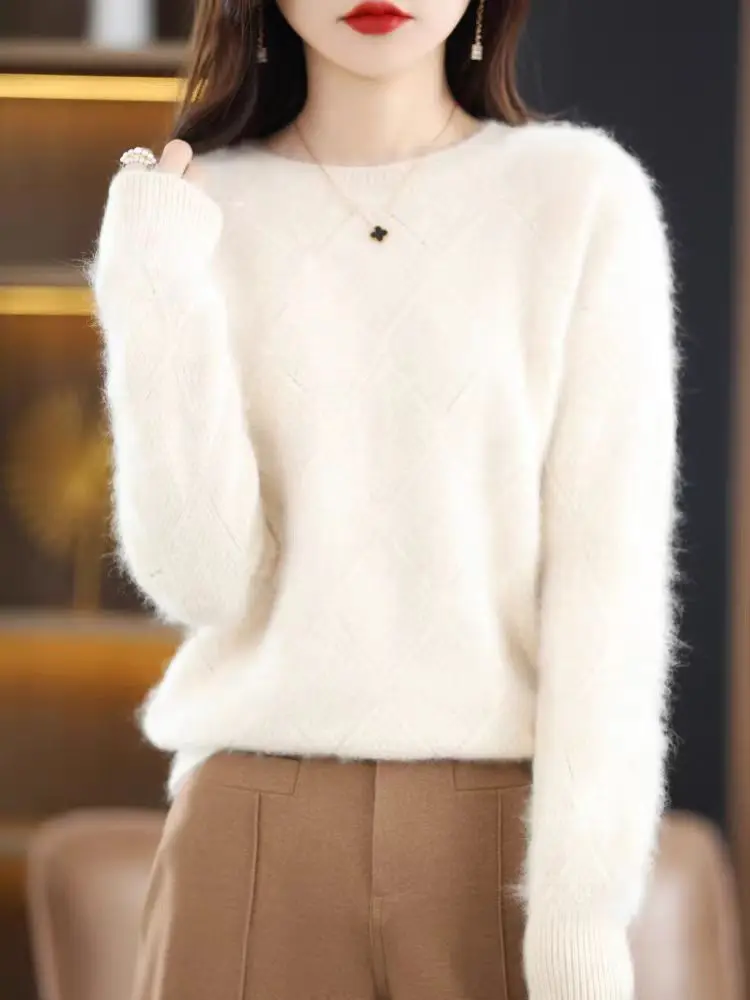 100% Mink cashmere sweater Women's knitting sweater O-neck long sleeve pullover Autumn and winter clothing warm top 4