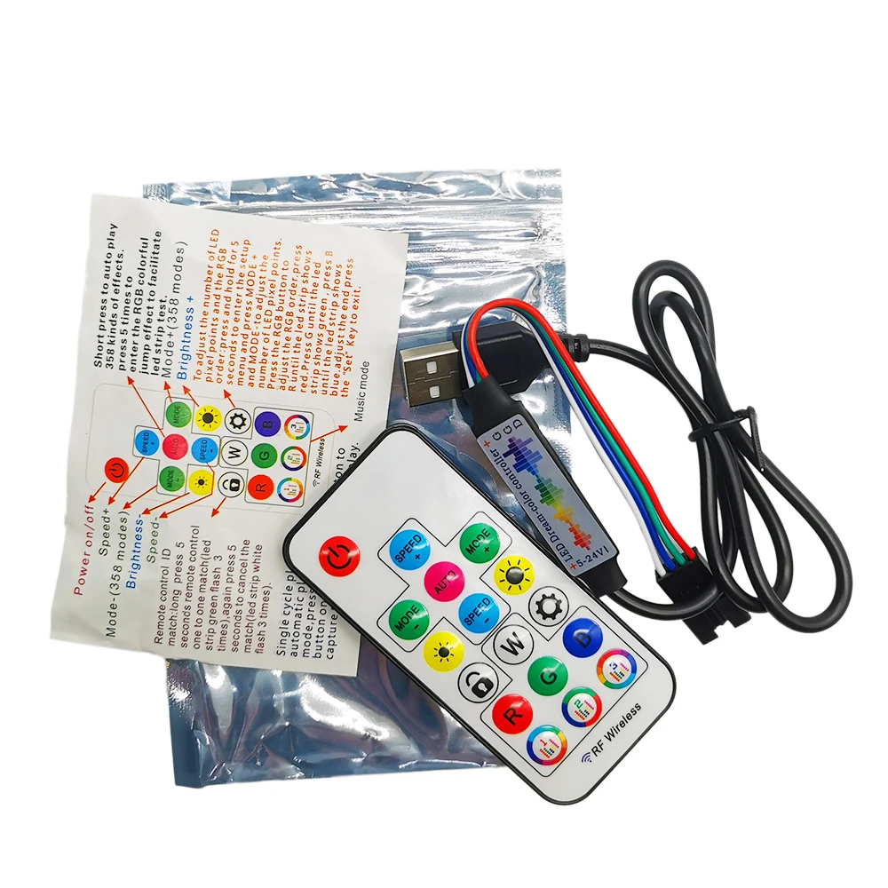 음악 LED 컨트롤러 미니 원격 358 모드, 5050 RGB 개별 주소 지정 스트립 라이트 패널, DC USB, 5V, 12V, 24V, 4 핀, 17 키