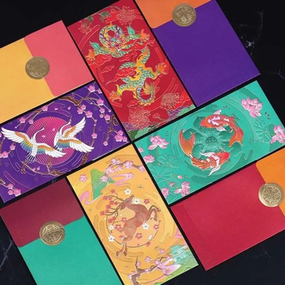6 Pcs Cartoon Hot Stamping Chinese New Year Red Envelopes Embossed Thickened Paper Lucky Money Bag Spring Festive Decoration