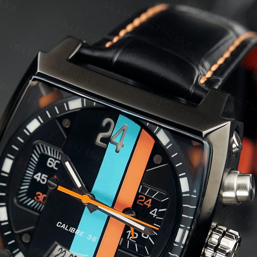2022Fashion New Men's Color Bar Square Dial Sapphire Mirror Stainless Steel Leather Strap Sports Leisure Waterproof Quartz Watch