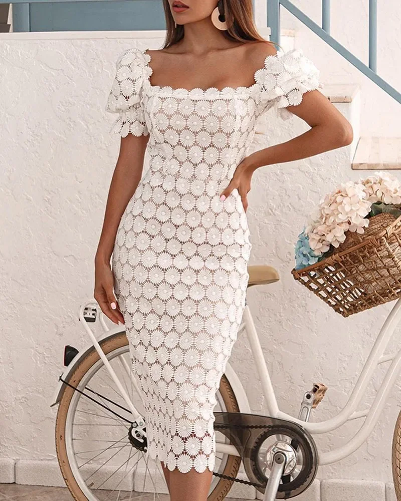 

Hollow Out Generous Office Lady White Solid Color Petal Sleeve Slim Midi Dress Embroidery Jacquard Elegant Dresses for Women New